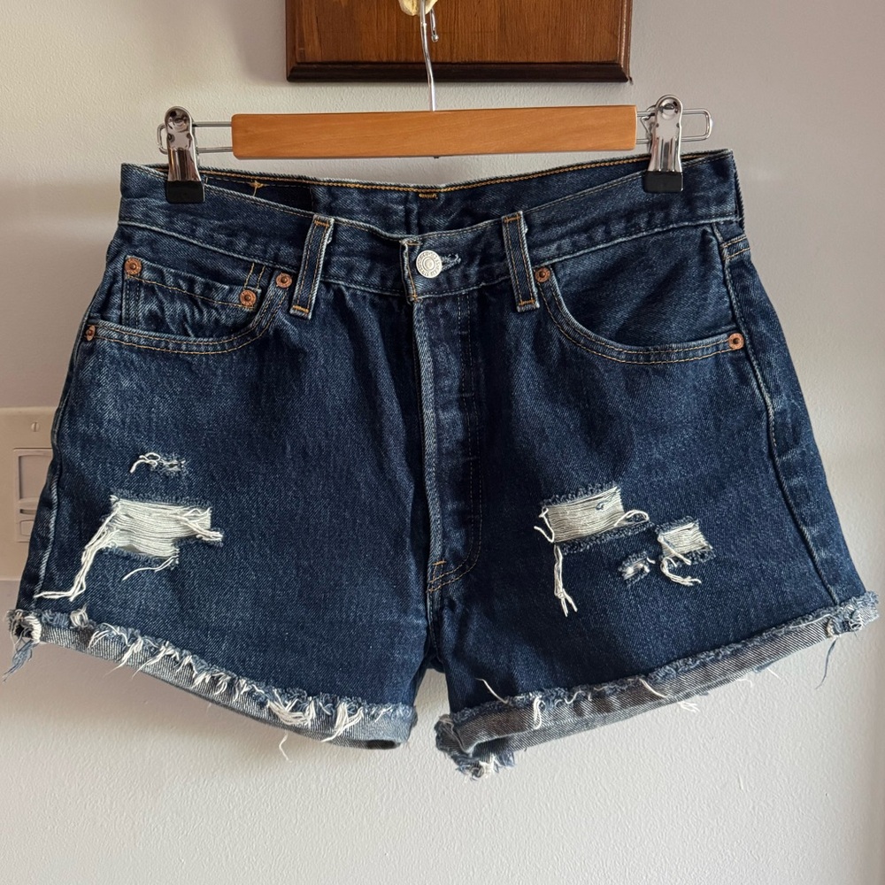 Levi’s 501 Dark Wash Denim Distressed Raw Hem High Waist Button Fly Jean Shorts